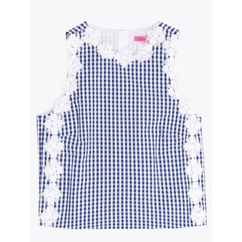 NEW VILAGALLO plaid embroidered flowers top in navy - Picture 3 of 4